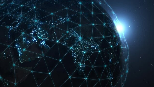 3d world map of middle east, network connectivity, glowing polygonal neon neon lines over arabian peninsula. World connectivity, digital network around planet earth. Social networking. 4k footage