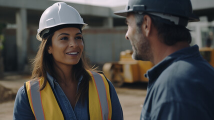 Hispanic Female Inspector Talking to Caucasian Male Land Development Manager With Tablet On Construction Site Of Real Estate Project