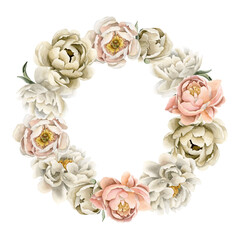 Wreath of peony flowers, buds and leaves. Floral watercolor illustration hand painted isolated on white background.