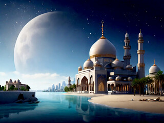 Islamic masjid mosque ramadan kareem and eid mubarak greetings. generative ai