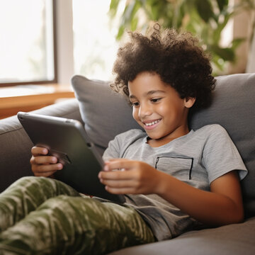 Smiling Afro boy sitting on a sofa using a tablet. Generative AI