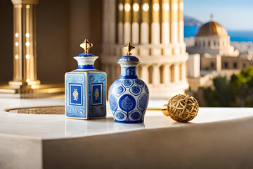 white and blue ceramic perfume flacon in antique greece background