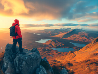 Fototapeta premium A wide angle landscape of the Scottish highlands from an elevated viewpoint at dusk. A lone man dressed in hiking gear and red jacket standing on a rock, looking at the distant horizon.