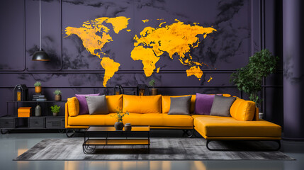 Modern Room with World Map Wall