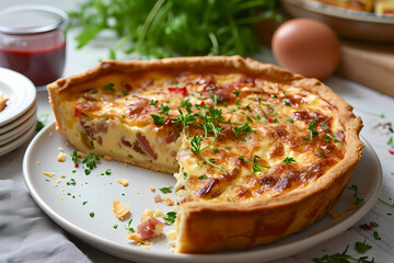 Quiche Lorraine, a classic French savory tart, features a rich and custardy filling made with a delectable combination of smoky bacon, Gruyère cheese, and a perfectly seasoned mixture