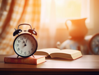 Alarm clocks on a wooden floor in morning light .