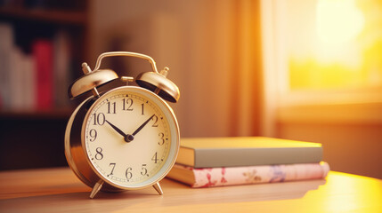 Alarm clocks on a wooden floor in morning light .