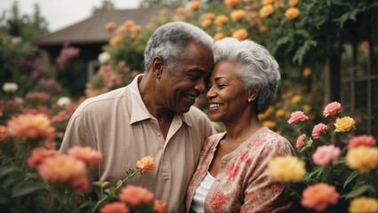 AI generated illustration of a loving elderly black couple surrounded by flowers