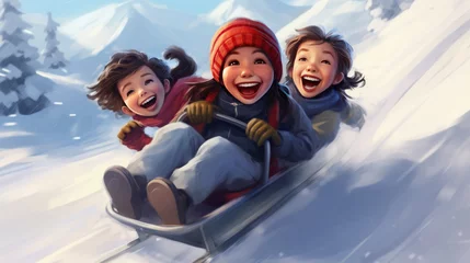 Foto op Aluminium Happy children ride a sled down a snowy hill illustration in cartoon style. AI generated image © yusufadi