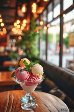 Close up delicious vegetarian multi-colored ice cream on a blurred cafe background. Healthy sweet food concept.