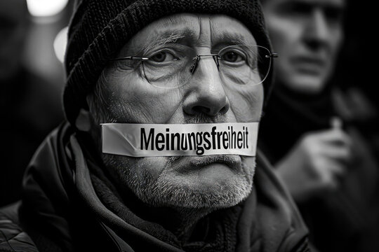Rentner mit Klebeband über dem Mund und Text "Meinungsfreiheit" - Symbolbild, schwarz-weiß