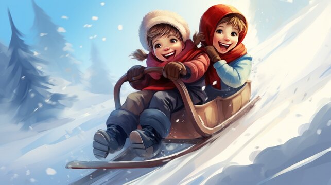 Happy children ride a sled down a snowy hill illustration in cartoon style. AI generated image