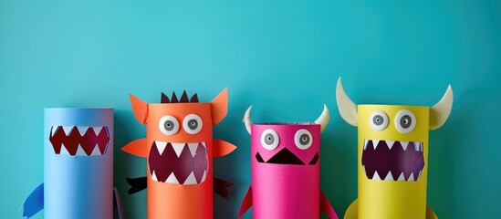 Creatively recycling toilet tubes to make handmade paper monsters on a blue background.