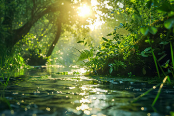 Forest creek in warm sunlight