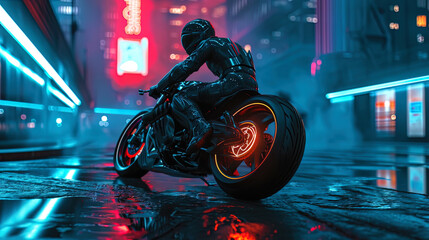 An extreme rider, sweeping kilometers outside the city on a motorcycle with neon lights, creating
