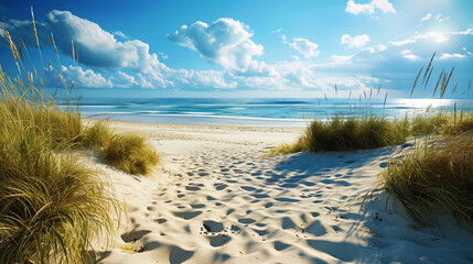 A beach paradise with clean sand, which stretches a mile on the horizon, and an endless blue sea o