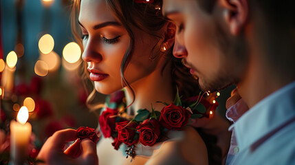 A man decorating a woman's neck with a heart of red roses, in their hands candles, creating an inc