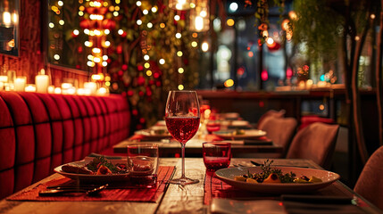 A view of a romantic table in a restaurant with bright red decorative elements and delicate snacks - obrazy, fototapety, plakaty