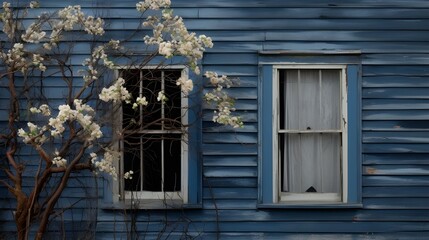 small blooming saplings, in front of a distressed dark blue coastal new england clapboard house