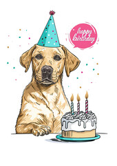 Birthday greeting card drawing ballons, cake, party, pets