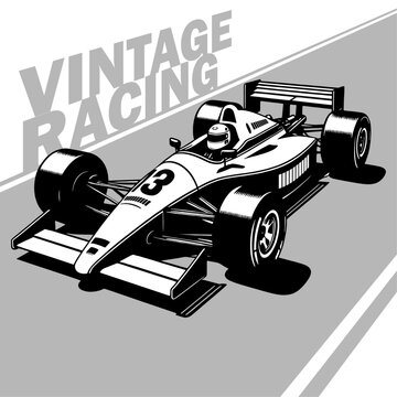 Vintage classic Formula 1 motorsport speed car vector illustrated silhouette shadows indy racing