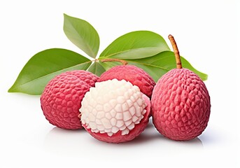 Lychee fruit with leaves isolated on white background. Clipping Path