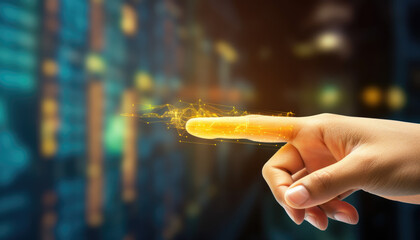 Close up of businessman touching hologram digital network, advanced technology futuristic, data security analysis for business development and economic finance.