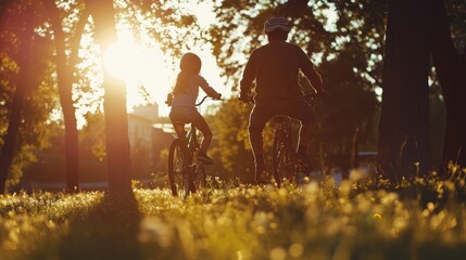 Obraz na płótnie Canvas dad teaches daughter to ride a bike. happy family childhood dream concept. father and little daughter learn to ride bike silhouette in the park. happy family goes
