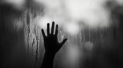 Fotobehang Defocused hand silhouette behind frosted glass in black and white mode, halloween concept © buraratn