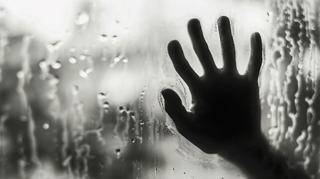 Defocused hand silhouette behind frosted glass in black and white mode, halloween concept