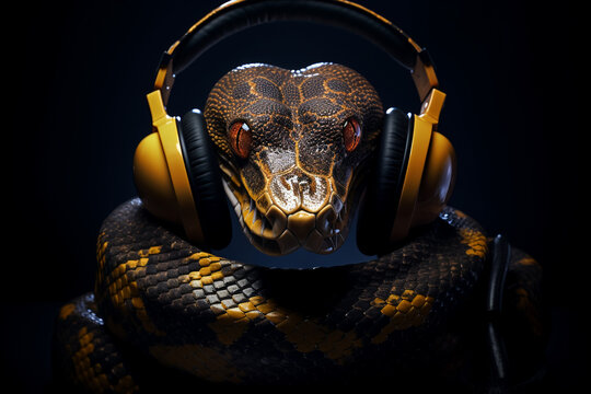 Snake with headphones. Snake listening to music