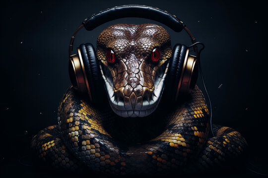 Snake with headphones. Snake listening to music