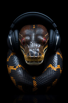 Snake with headphones. Snake listening to music