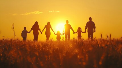 large family walks across field holding hands. happy family childhood dream concept. family walks across the field - Powered by Adobe