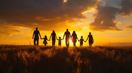 large family walks across field holding hands. happy family childhood dream concept. family walks across the field - Powered by Adobe