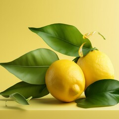 Lemon with leaves on yellow background. Flat lay, top view