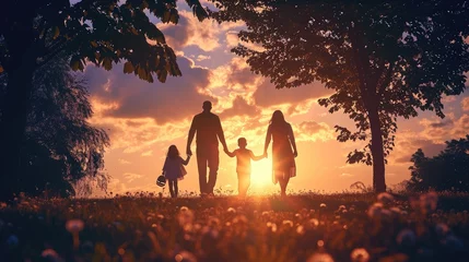 Fotobehang people in the park. happy family walking silhouette at sunset. mom dad and daughters walk holding hands in park. happy family childhood dream concept. © buraratn