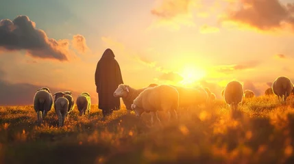 Fotobehang Shepherd Jesus Christ leading the flock and praying to Jehovah God and bright light sun and Jesus silhouette background in the field © buraratn
