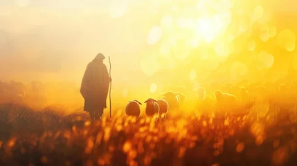 Papier Peint photo autocollant Prairie, marais Shepherd Jesus Christ leading the flock and praying to Jehovah God and bright light sun and Jesus silhouette background in the field