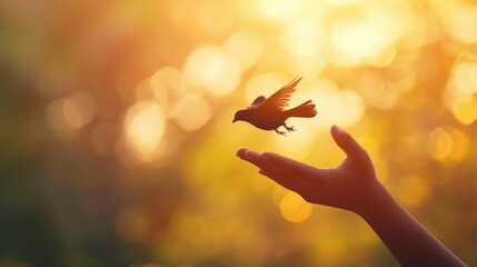 silhouette of bird flying out of Girl child hand on beautiful background. freedom concept ,International Working Women's Day - obrazy, fototapety, plakaty