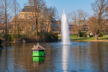 View over the pond in the park of Wiesbaden/Germany in spring