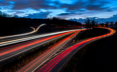 Panoramic longtime exposure of major autobahn crossing of A40 and A3 in Ruhr Basin Germany near...