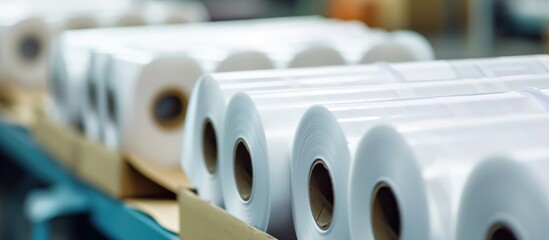 White self-adhesive rollers for printing labels. White label ribbon on cardboard core. Printing house products. Selective focus. - obrazy, fototapety, plakaty