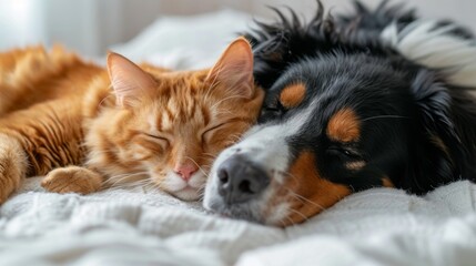cat and a dog lying close together on a white blanket, Pets share, cozy blanket,  love and friendship