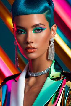 The image features a close-up of a woman with blue hair and green eyeshadow. She is wearing a silver choker necklace with dangling earrings. Her outfit is a colorful coat with a white collar.