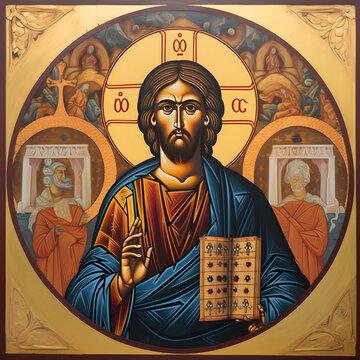 Coptic orthodox traditional icon of Jesus Christ, the Pantocrator. Eastern christian spirituality illustration of Jesus with orthodox symbols.