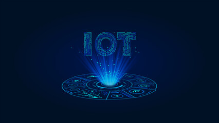 Internet of things - IOT concept. Businessman offer IOT products and solutions. The future of technology. Virtual screen of the future with the inscription: IOT
