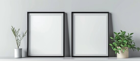 Two adjacent, empty, white frames on shelf, mock-up for photo.
