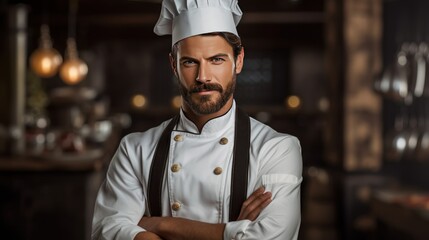 Handsome male professional chef posing in kitchen room of restaurant. AI generated image