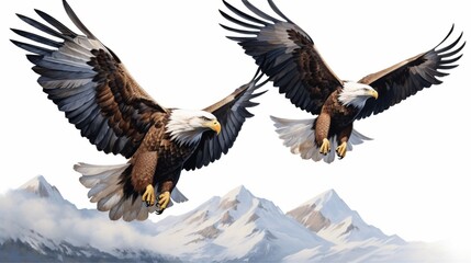 two soaring eagles in flight, their wings outstretched against a spotless white sky, evoking a sense of freedom and strength in the vast expanse.